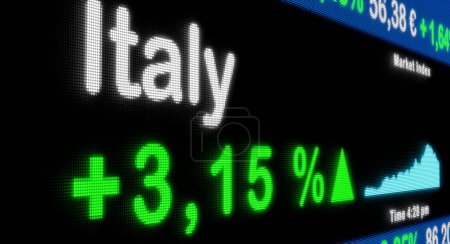 Italy stock exchange moving up. Green percentage sign, rising, stock market ticker, information, growth, business concept. 3D illustration