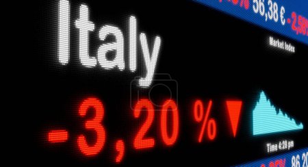 Italy stock exchange moving down. Red percentage sign, falling, reduction, stock market ticker, information, business concept. 3D illustration