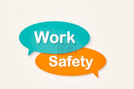 Seguridad laboral. Burbuja de chat en naranja, colores azules. Cuidado, seguridad, protección, defensa, seguridad, escudo, tutela, salvaguardia. Ilustración 3D