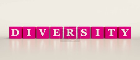 Diversidad, una sola palabra. Dados rosados con letras blancas y el texto, diversidad. Variedad, diferencia, contraste, variación, anomalía. Ilustración 3D
