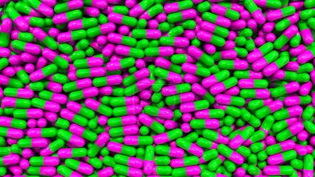 Pastillas médicas verdes y rosadas, cápsulas que caen en una caja de vidrio, atención médica y medicina. Producción industrial de antibióticos u otros medicamentos.