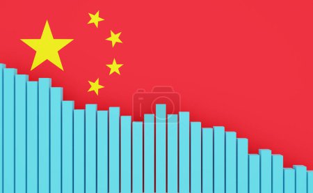 China, versenkbares Balkendiagramm mit chinesischer Flagge. Sinkende Wirtschaft, Rezession. Negative Entwicklung von BIP, Arbeitsplätzen, Produktivität, Immobilienpreisen, Einzelhandelsumsätzen oder fallender Industrieproduktion.