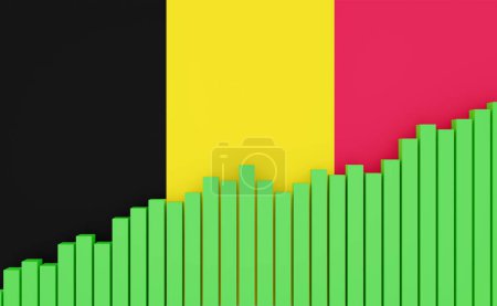Belgien, steigende Balkendiagramm mit belgischer Flagge. Schwellenländer, Wachstum. Positive Entwicklung von BIP, Arbeitsplätzen, Produktivität, Immobilienpreisen, Einzelhandelsumsätzen oder steigender Industrieproduktion.