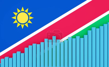 Namibia, gráfico de barras ascendente con bandera de Namibia. Economía emergente, crecimiento. Evolución positiva del PIB, empleo, productividad, precios inmobiliarios, ventas al por menor o aumento de la producción industrial.