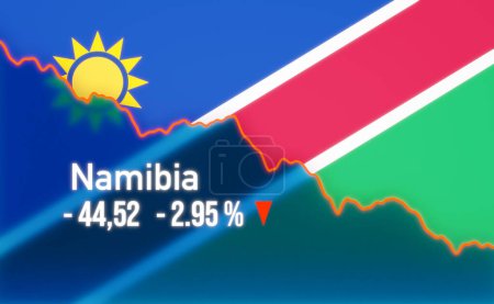 Namibia stock market down. Falling chart with Namibian flag. Bear market, recession, stock market crash, negative trend, weak business, investment, trading, loss.