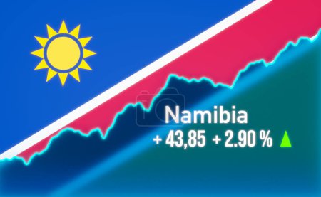 Namibia stock market up. Rising chart with Namibian flag. Bull market, growth, stock market rally, positive trend, strong business, investment, trading, success.