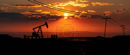 Silhouette einer Ölpumpe in der Landschaft, glühender Himmel. Öl- und Gasindustrie, Bohrungen, Ölfeld und Ölförderung. Konzept, 3D-Illustration.