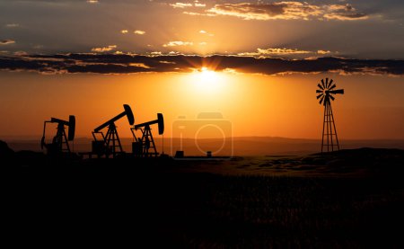 Landschaft mit Silhouette von Ölpumpen. Westliche Landschaft in den Vereinigten Staaten., wie Texas mit dramataischem Himmel bei Sonnenuntergang Öl- und Gasindustrie, Bohrungen und Ölförderung. Konzept. 3D-Illustration