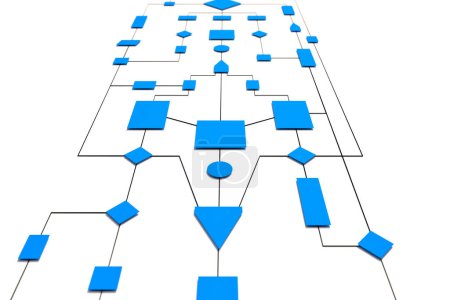 Diagrama de flujo de negocios en azul. Proceso, sistema, procedimiento u organización industrial paso a paso. Diagrama de flujo, hoja de flujo, concepto, estrategia, operación, planificación.