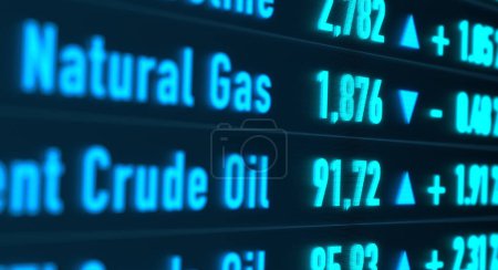 Brent Le prix du pétrole brut augmente et celui du gaz naturel baisse. Écran de trading avec les prix de l'énergie. Commerce des marchandises, industrie pétrolière et gazière, concept de crise énergétique. 