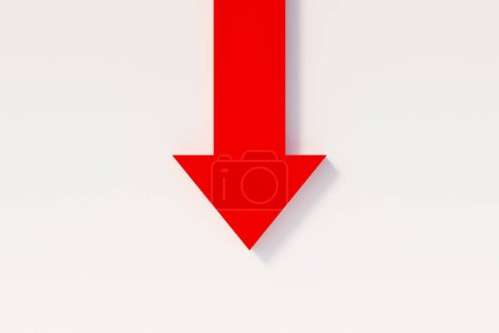 Red arrow down. In the center, white background. Direction, downward, symbol.