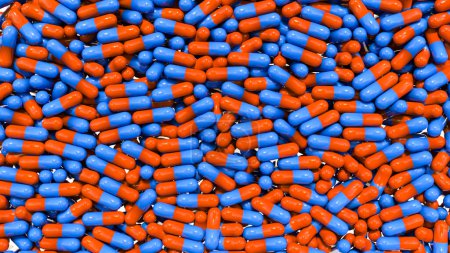 Red and blue medical pills, capsules falling in a glass box, health care and medicine. Industrial production of antibiotics or other drugs. 3D illustration