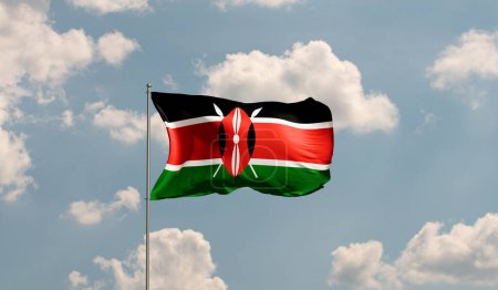 Flag Kenya against cloudy sky. Country, nation, union, banner, government, Kenyan culture, politics. 3D illustration