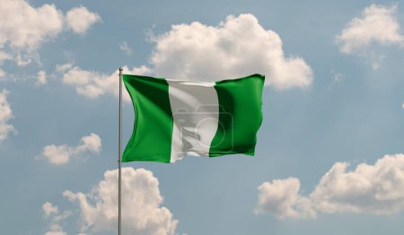 Bandera Nigeria contra el cielo nublado. País, nación, unión, bandera, gobierno, cultura nigeriana, política. Ilustración 3D