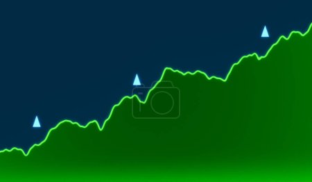 Carte verte montante avec flèches bleues vers le haut. Bourse, marché haussier, progression, investissement, croissance, richesse, entreprise.