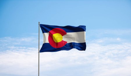 Flag Colorado against cloudy sky. Country, nation, union, banner, government, Colorado culture, politics,tourism, United States. 3D illustration