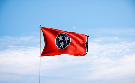 Flag Tennessee against cloudy sky. Country, nation, union, banner, government, Tennessee culture, politics. 3D illustration