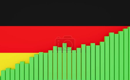 Germany, rising bar chart with German flag. Emerging economy, growth. Positive development of GDP, jobs, productivity, real estate prices, retail sales or rising industrial production.