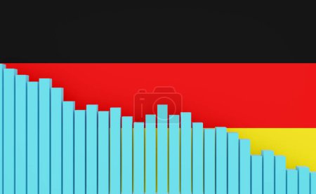 Germany, sinking bar chart with German flag. Sinking economy, recession. Negative development of GDP, jobs, productivity, real estate prices, retail sales or falling industrial production.