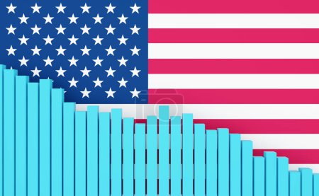 United States, sinking bar chart with US American flag. Sinking economy, recession. Negative development of GDP, jobs, productivity, real estate prices, retail sales or falling industrial production.