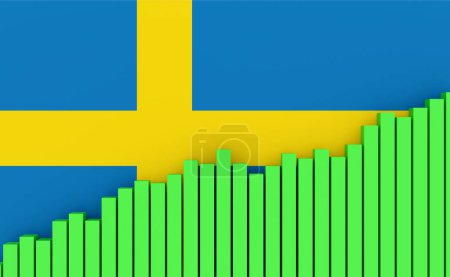Suecia, carta de barras ascendente con bandera sueca. Economía emergente, crecimiento. Evolución positiva del PIB, empleo, productividad, precios inmobiliarios, ventas al por menor o aumento de la producción industrial.