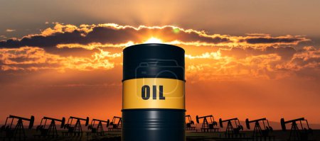 Oil barrel against cloudy sky during sunset. Silhouette of oil pumps in the background. Oil and gas industry, drilling and oil production. concept. 3D illustration