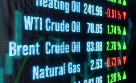 Stock market and exchange energy commodities trading screen. Price changes of Brent Crude Oil, Natural Gas and Heating Oil price. Global business, economy, financial figures.