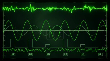 Sine wave monitor, oscillator, interface, display with green radar. Experiment, sine curve, mathematic, physics, digital display, interface, HUD, diagram, control.