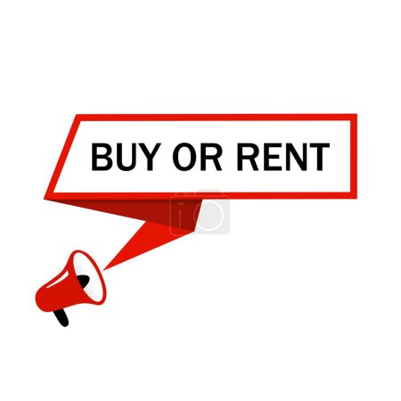 Illustration for Buy or rent on speech bubble megaphone icon design. Real estate concept, businessman making decision - vector template. - Royalty Free Image