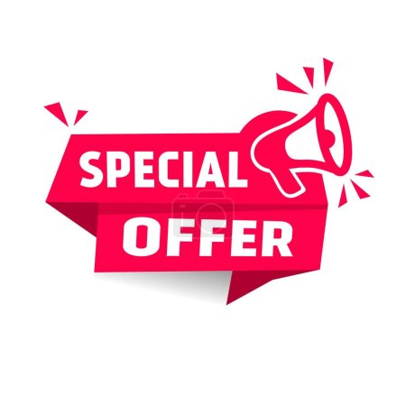 Illustration for Special offer banner template - label, icon with megaphone. Flat design. Vector illustration. - Royalty Free Image