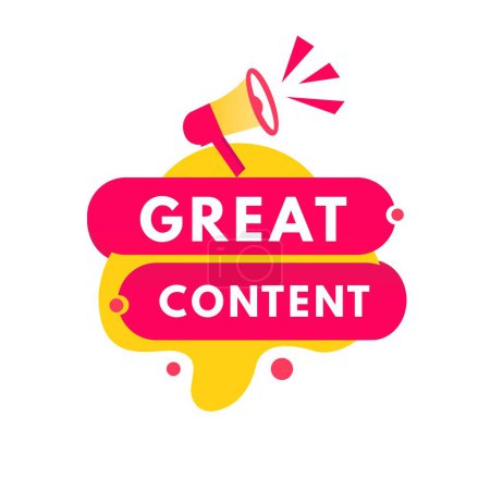 Illustration for Great content banner template, red label with megaphone design modern style. Vector template on white background. - Royalty Free Image