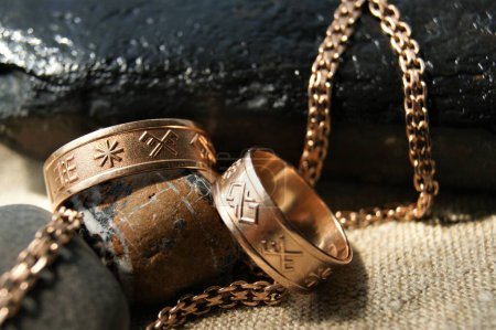 Gold wedding rings with ancient symbols. Latvian ancient symbols.. Gold jewelry. 