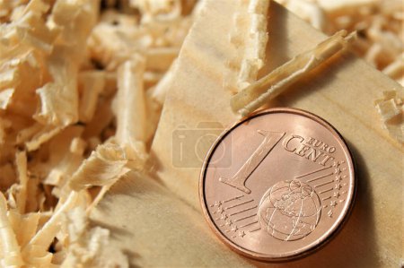 Moneda de la zona euro 1 céntimo. Una nueva moneda en el taller del carpintero.