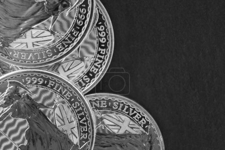 Photo for Pure Silver Investment Coins Britain. Silver coins on a dark background - Royalty Free Image