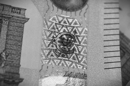 Photo for Black and white image Euro symbol. A fragment of a 100 euro banknotes with a hologram. Euro symbol. - Royalty Free Image