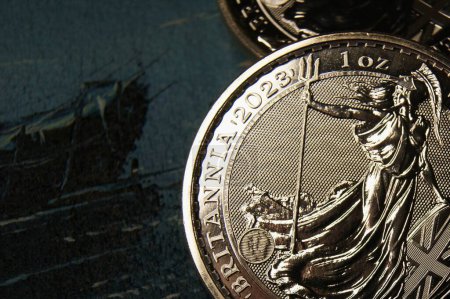 United Kingdom pure silver coin Britannia 1oz 2023. Close-up.
