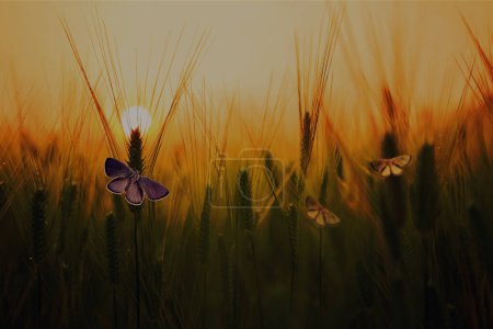 Téléchargez les photos : Papillons et épis de blé sur fond de champ - en image libre de droit