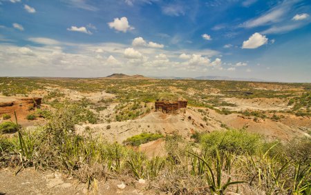 Foto de Vista panorámica del desfiladero de Olduvai, sitio de antiguos hallazgos fósiles de homínidos de la familia Leakey, Tanzania - Imagen libre de derechos