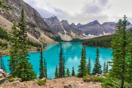 Téléchargez les photos : Eaux bleu turquoise du lac Moraine entourées de sommets dans le parc national Banff dans les Rocheuses du Canada - en image libre de droit