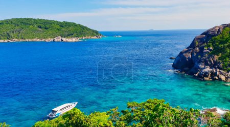 Photo for Scenic sea vista with sparkling azure waters from the top of Sailing rock cliff in Similan Islands, Andaman Sea off Phuket, Thailand - Royalty Free Image