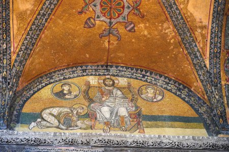 Photo for Mosaic Of Emperor Leo VI, 9th cent. AD, bowing to Christ  in the Hagia Sophia, 6th century masterpiece of Byzantine Eastern Orthodox christian architecture in Istanbul,Turkey - Royalty Free Image
