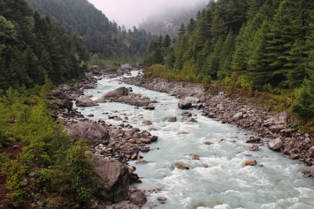 Große Himalaya-Fluss - Dudh Kosi beginnt von den Gletschern von Cho Oyu und dem Everest Khumbu-Eis und reist über 1000 km in die Bucht von Bengalen in Indien, hier in Phakding, Nepal
