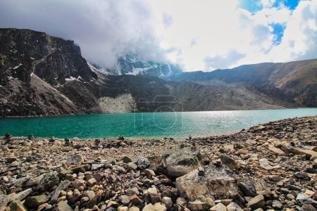 The Emerald green Gokyo Lake No 2, also called Taboche Tsho, part of a series of 5 high altitude lakes in the Gokyo region of Khumbu and a Ramsar wetland in Nepal