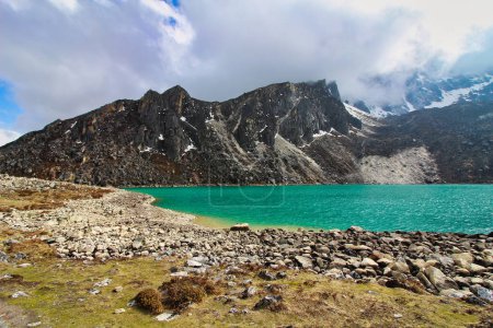 The Emerald green Gokyo Lake No 2, also called Taboche Tsho, part of a series of 5 high altitude lakes in the Gokyo region of Khumbu and a Ramsar wetland in Nepal