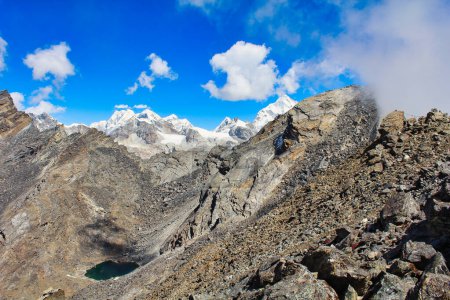 Peaks surrounding the Renjo la pass seem from top of Gokyo Ri in Nepal