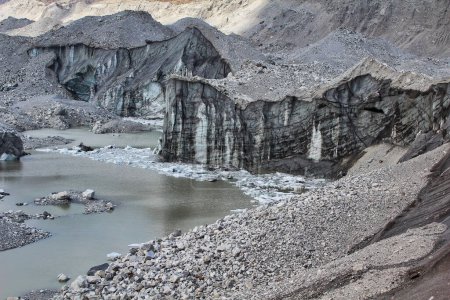 Derrite las piscinas dentro del Glaciar Ngozumpa, el glaciar más grande de Nepal con escombros masivos, piedra, hielo y depósitos de arcilla que fluyen desde el Monte Cho Oyu y dan lugar al río Dudh Kosi en Nepal