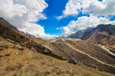 Everest Base camp trek heading towards Lobuche on a bright sunny day in Nepal