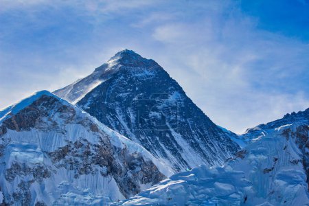Mount Everest West face, west shoulder, summit and the famous South Col, Camp 4 seen in this stunning close up from the top of Kala pathar near Everest base camp, Nepal