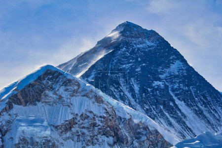 Mount Everest West face, west shoulder, summit seen in this dramatic close up from the top of Kala pathar near Everest base camp, Nepal