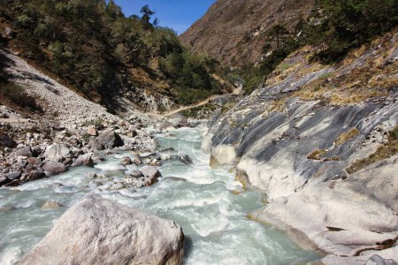 Fast moving rapids of the Dudh Kosi river originating from the Khumbu and Cho Oyu glaciers seen here in a scenic valley setting on the Everest Base Camp trek near Tengboche,Nepal